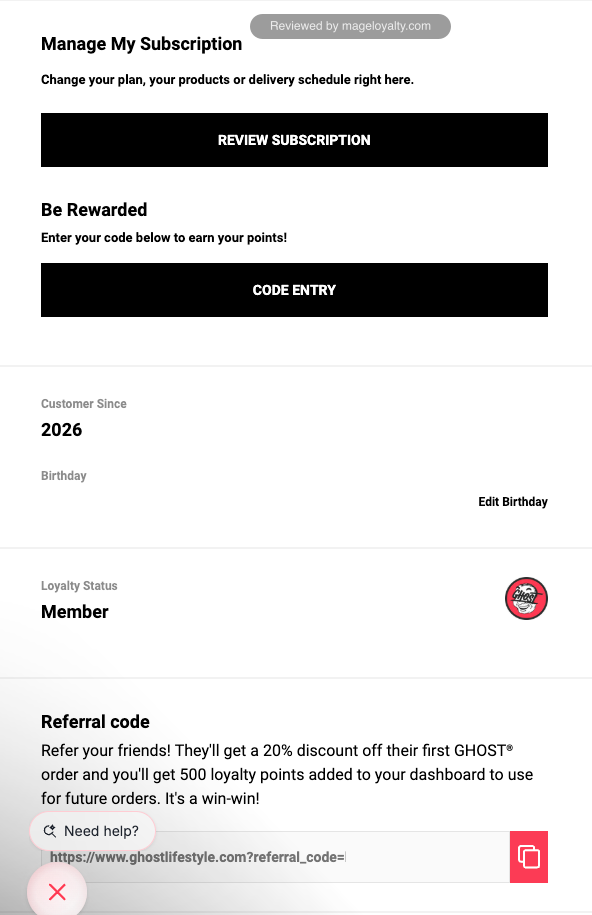 GHOST account sidebar with the Code Entry button, Member loyalty status and a personal referral link offering friends 20 percent off their first order
