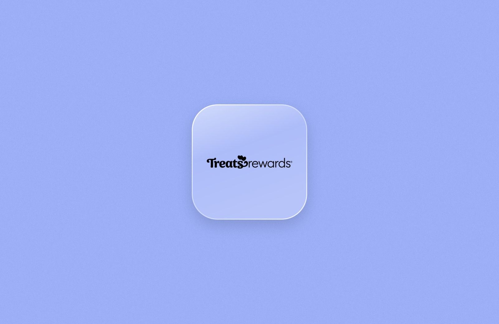 Treats Rewards logo on a frosted glass tile over a periwinkle blue background