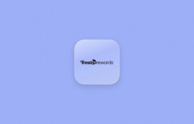 Treats Rewards logo on a frosted glass tile over a periwinkle blue background