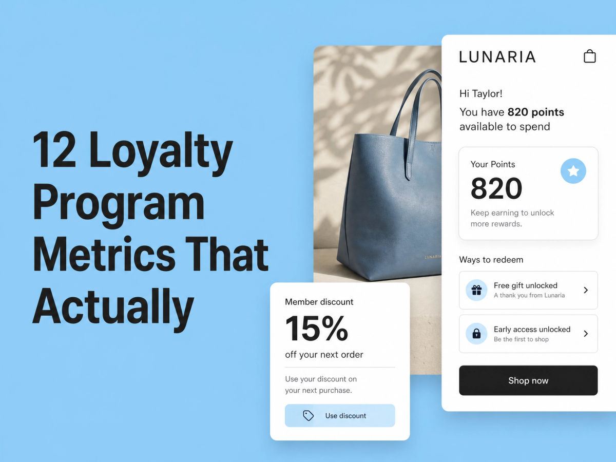 Minimalist landscape with article title "12 Loyalty Program Metrics That Actually Matter (and 6 That Don't)" displayed as tex