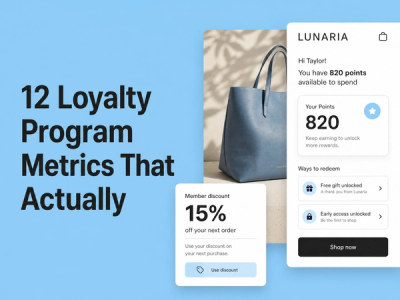 Minimalist landscape with article title "12 Loyalty Program Metrics That Actually Matter (and 6 That Don't)" displayed as tex