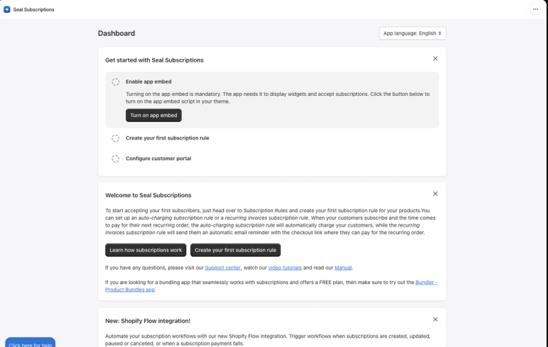 Seal Subscriptions dashboard with a get-started checklist to enable the app embed, create a subscription rule and configure the customer portal