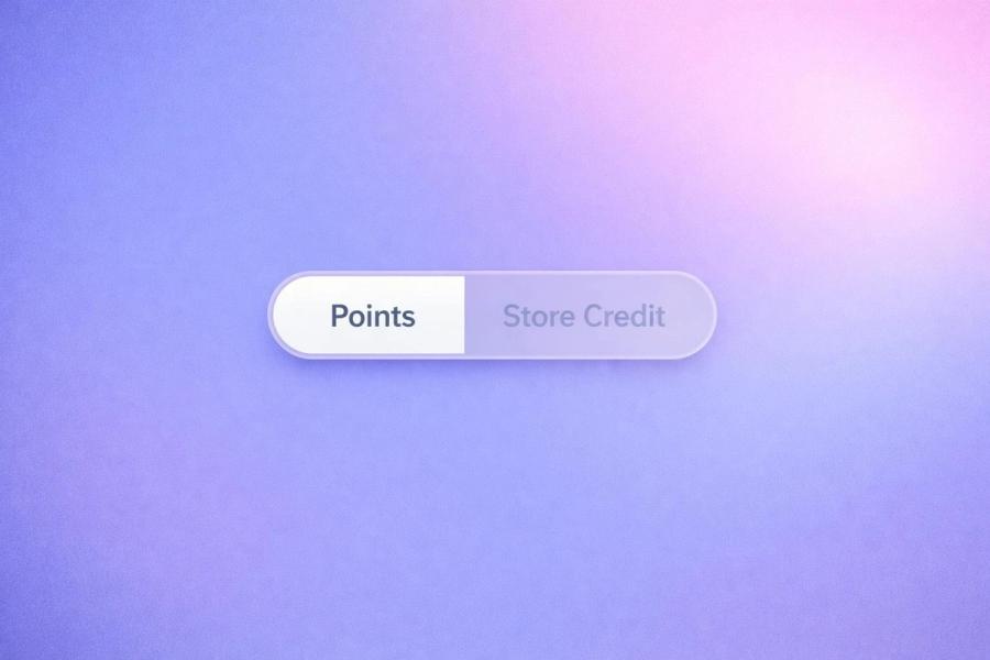 Frosted glass toggle showing Points and Store Credit on a periwinkle gradient