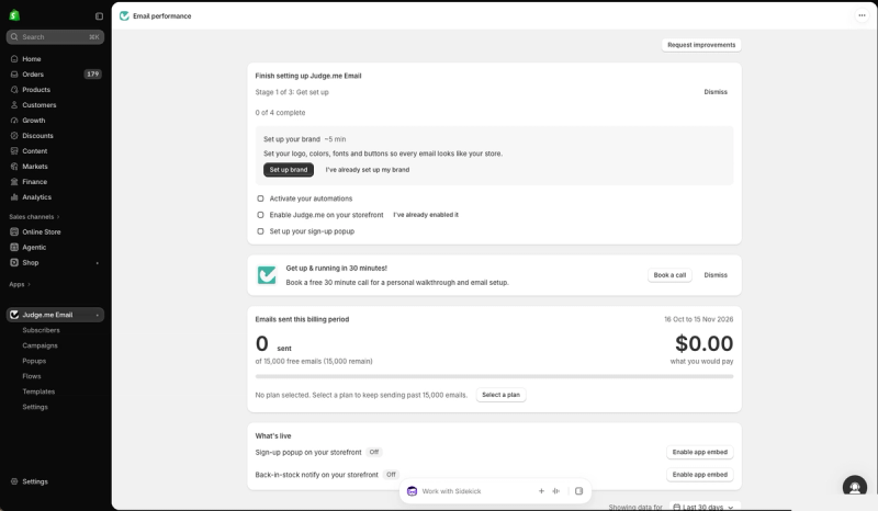 Judge.me Email's home page inside the Shopify admin, showing the setup checklist, the offer of a free 30-minute setup call and the emails-sent meter at 0 of 15,000 free