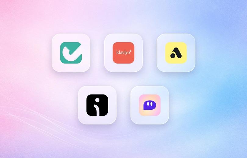 Logos of Judge.me, Klaviyo, Attentive, Omnisend and Postscript on frosted glass tiles over a lavender gradient