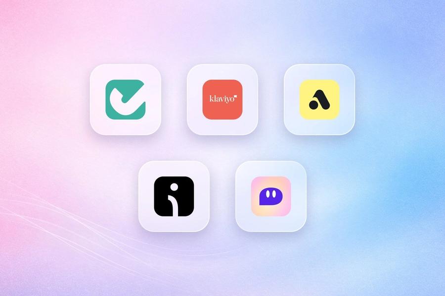 Logos of Judge.me, Klaviyo, Attentive, Omnisend and Postscript on frosted glass tiles over a lavender gradient