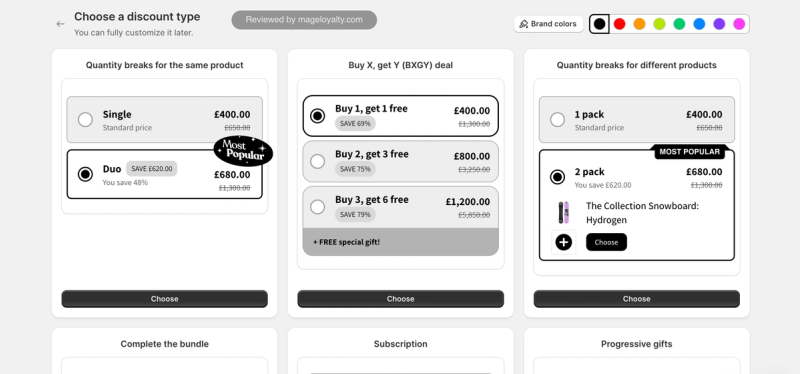 Kaching Bundles discount types shown as cards: quantity breaks for the same product, buy X get Y, quantity breaks for different products, complete the bundle, subscription and progressive gifts