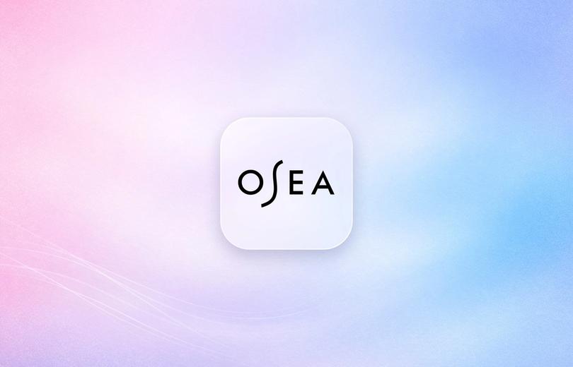 OSEA logo on a frosted glass tile over a soft lavender gradient
