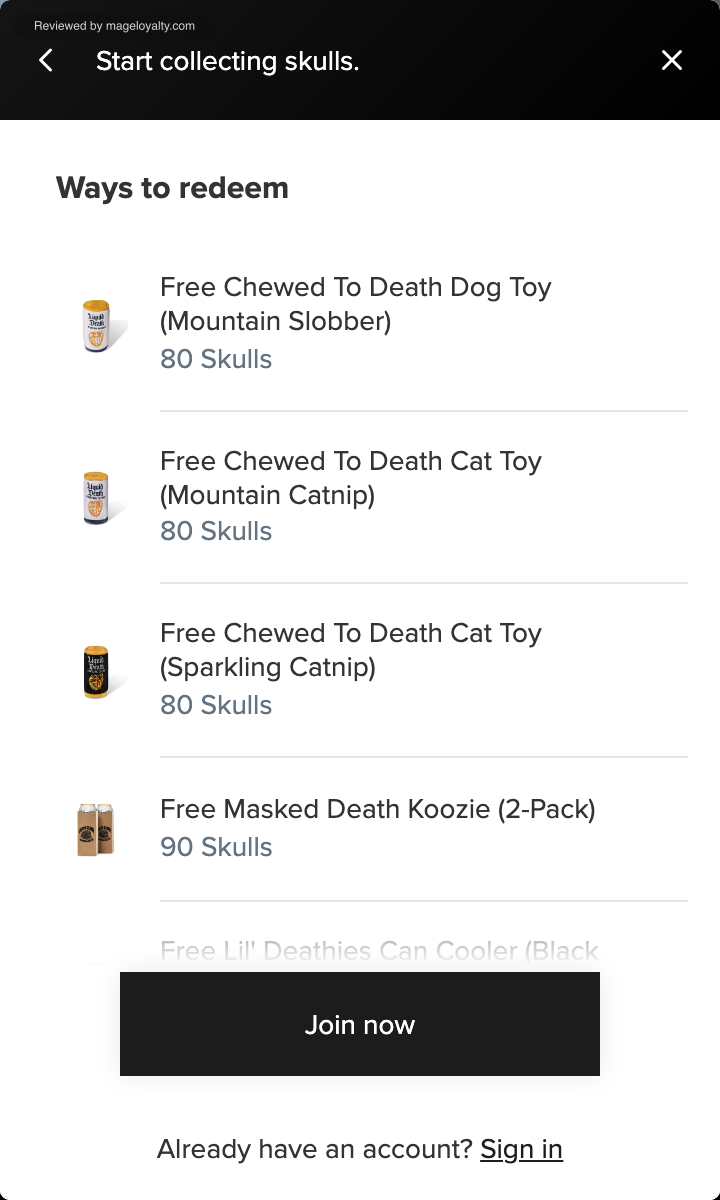 Liquid Death rewards panel Ways to Redeem: a free Chewed To Death dog toy and cat toys for 80 Skulls and a free Masked Death Koozie 2-pack for 90 Skulls