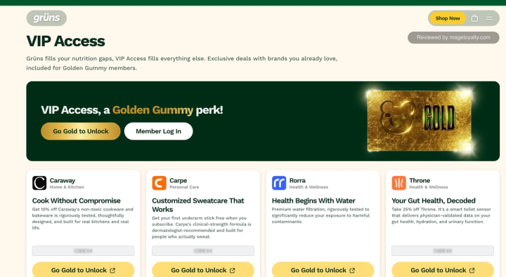Grüns VIP Access page: VIP Access, a Golden Gummy perk, with Go Gold to Unlock and Member Log In buttons and partner cards for Caraway, Carpe, Rorra and Throne