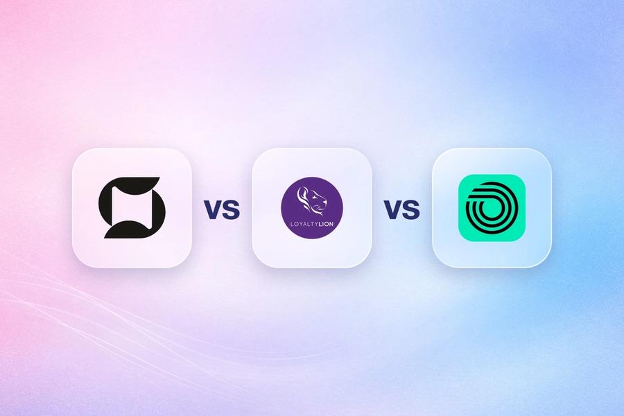 Mage, LoyaltyLion and Okendo logos on frosted glass tiles comparing the Shopify loyalty apps