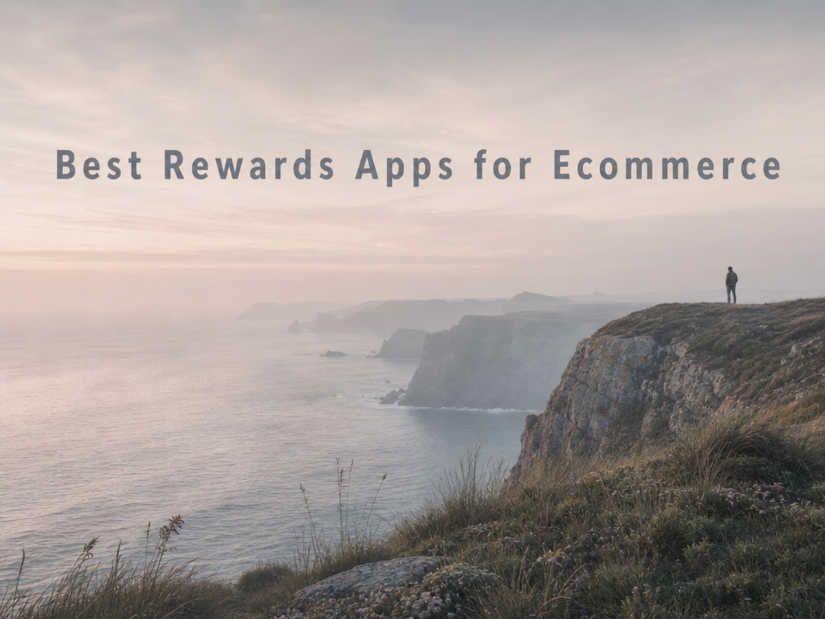 Minimalist landscape with article title "The Best Rewards Apps for Ecommerce Brands in 2026" displayed as text in the sky, re