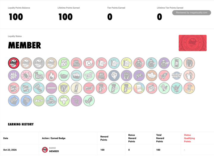 GHOST Rewards account dashboard for a new member showing a 100 point balance, Member status, a wall of mostly locked badges and an earning history entry for the Member badge