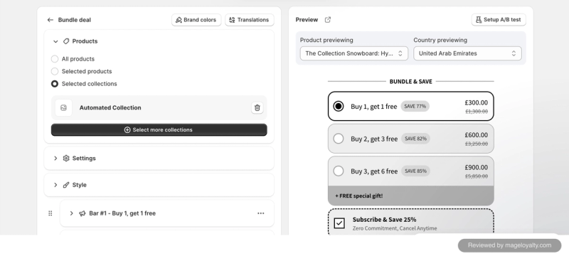 Kaching Bundles collection-wide buy X get Y deal previewed with a Subscribe and Save 25% option below the offer bars