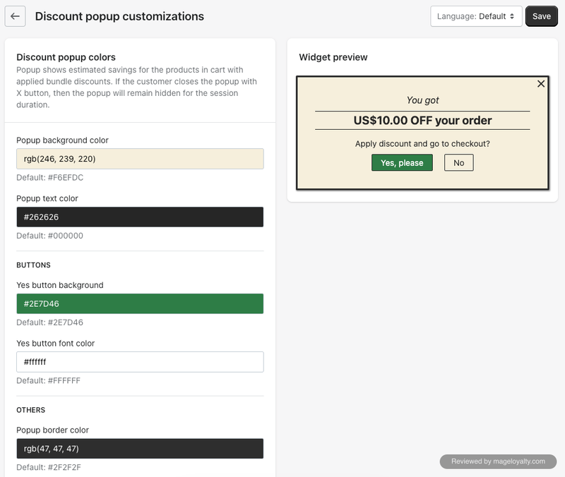 Bundler discount popup customisation with background, text and button colours beside a preview of a You got $10.00 off your order popup