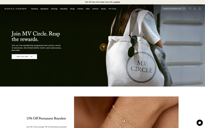 Monica Vinader MV Circle page with the headline Join MV Circle. Reap the rewards and Join for Free button