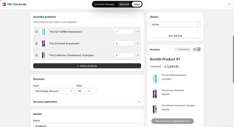 Fast Bundle fixed bundle editor with three included products and quantities, a 10% discount and a preview of the bundle product with its combined price
