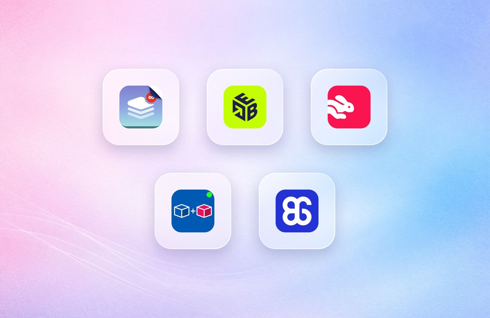 Logos of Kaching Bundles, Easy Bundles, Fast Bundle, Bundler and BOGOS on frosted glass tiles over a lavender gradient