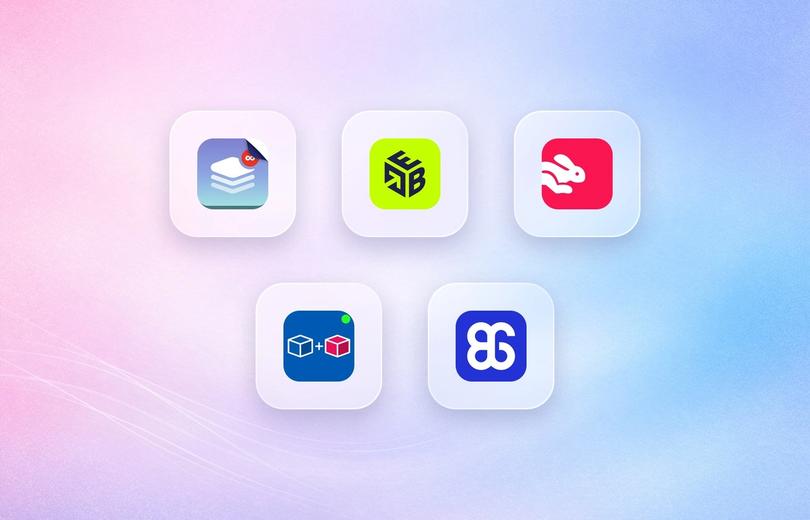 Logos of Kaching Bundles, Easy Bundles, Fast Bundle, Bundler and BOGOS on frosted glass tiles over a lavender gradient