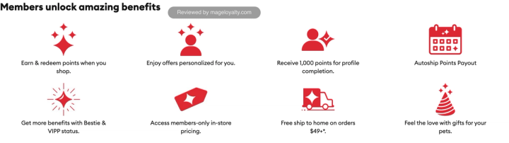 Members unlock amazing benefits: earn and redeem points, personalized offers, 1,000 points for profile completion, Autoship Points Payout, Bestie and VIPP status, in-store pricing, free ship to home on orders $49 and over, and gifts for pets