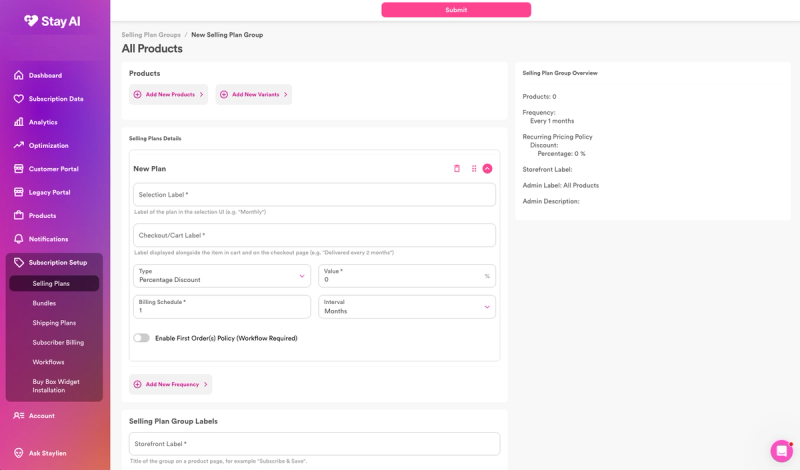 Stay AI new selling plan group form with products and variants, plan labels, a percentage discount and a monthly billing schedule