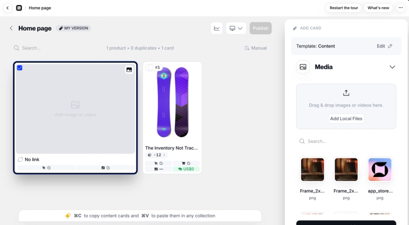 Depict add card panel with a content card in the product grid and a media library for uploading images or videos