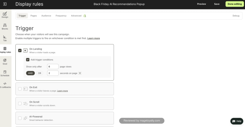 Wisepops display rules with on landing, on exit, on scroll and AI-powered triggers, and a condition to show only after six pageviews and two seconds on the page
