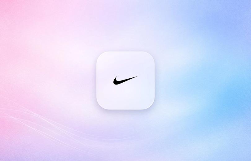 Nike swoosh on a frosted glass tile over a soft pink and blue gradient