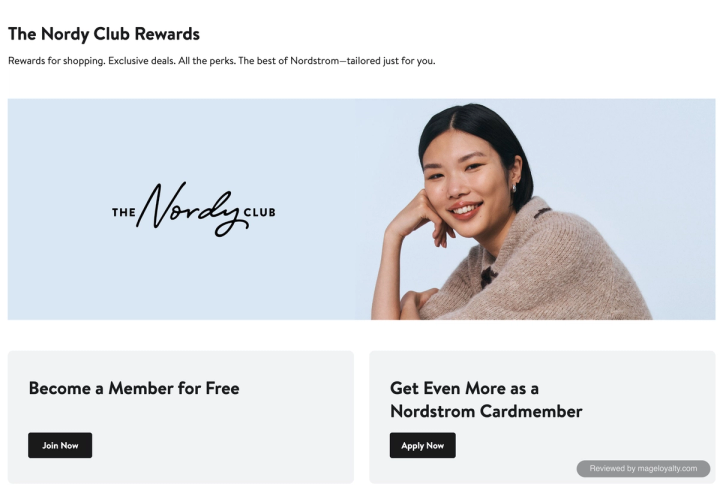 The Nordy Club Rewards page: Become a Member for Free with a Join Now button, and Get Even More as a Nordstrom Cardmember with an Apply Now button