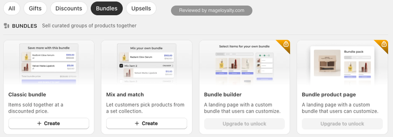 BOGOS bundles tab with classic bundle and mix and match bundle options, and a bundle builder and bundle product page that need an upgrade
