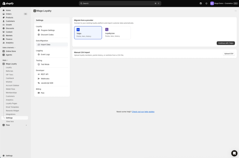 Mage Loyalty Import Data settings page with Migrate from a provider and Manual CSV Import options