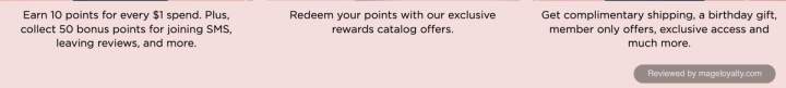 The three steps on the My Lancôme Rewards page: earn 10 points for every $1 spent plus 50 bonus points for joining SMS and leaving reviews, redeem points in the rewards catalog, and get shipping, a birthday gift and member offers