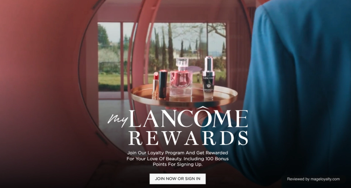 My Lancôme Rewards page header: join our loyalty program and get rewarded, including 100 bonus points for signing up, with a Join now or sign in button