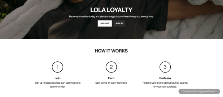 Lola Loyalty page: Become a member today and start earning points on the softness you already love, with Join now and Sign in buttons, followed by the three steps Join, Earn and Redeem
