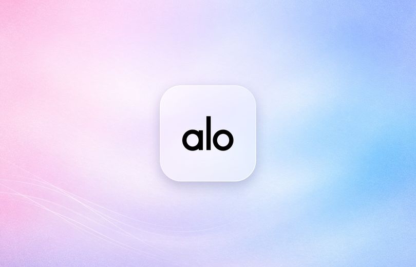 Alo logo on a frosted glass tile over a soft pink and blue gradient