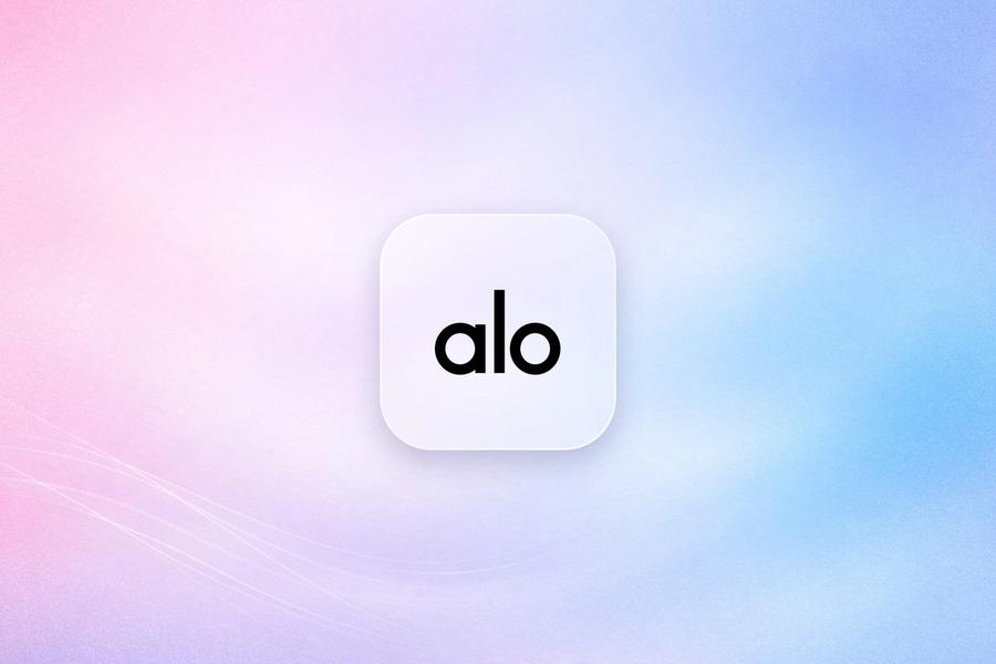Alo logo on a frosted glass tile over a soft pink and blue gradient