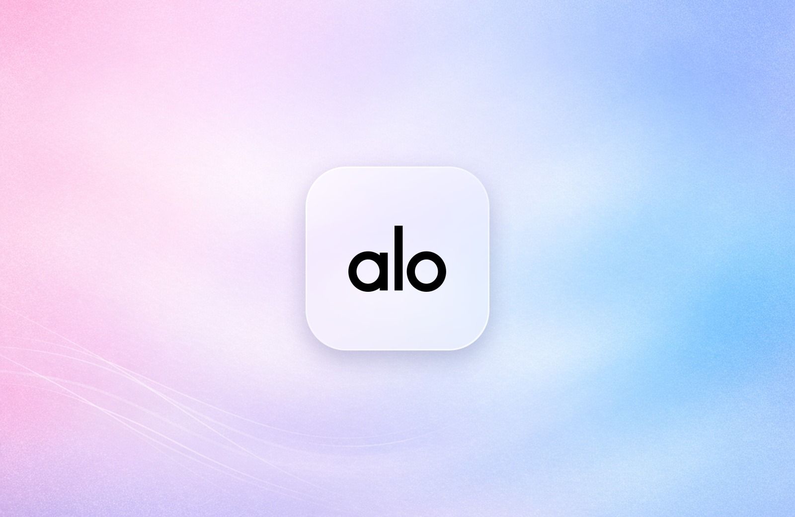 Alo logo on a frosted glass tile over a soft pink and blue gradient
