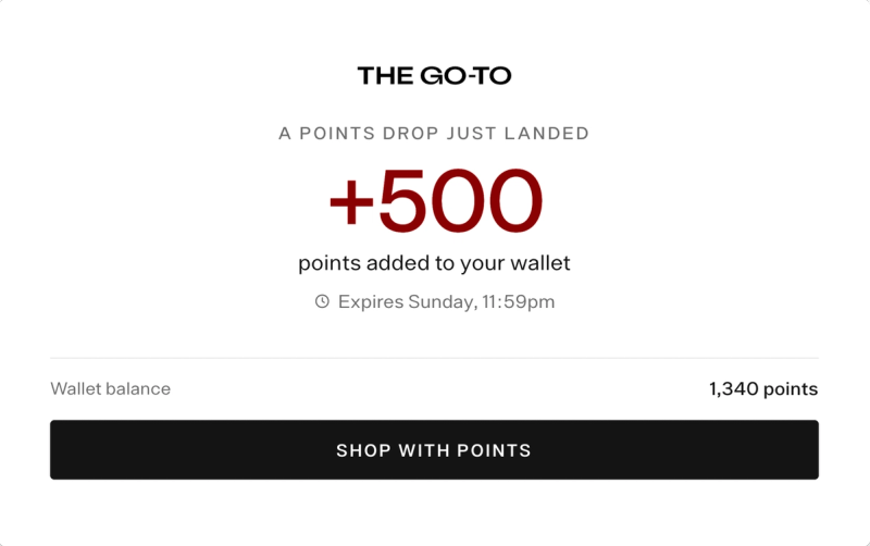 Card announcing a points drop of +500 points added to the wallet, expiring Sunday 11:59pm, with a 1,340 point balance
