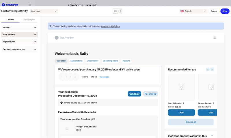 Recharge customer portal editor with header, main column and right column settings beside a preview showing the next order, Send now and Reschedule buttons, and recommended products