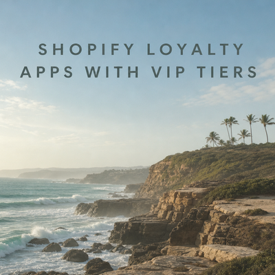 Minimalist landscape with article title "The Best Shopify Loyalty Apps with True VIP Tier Functionality" displayed in the sky