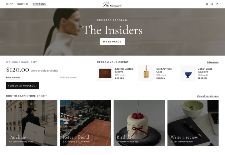 Rewards page with $120 store credit, Privé member progress bar, product rewards priced in credit, and four ways to earn