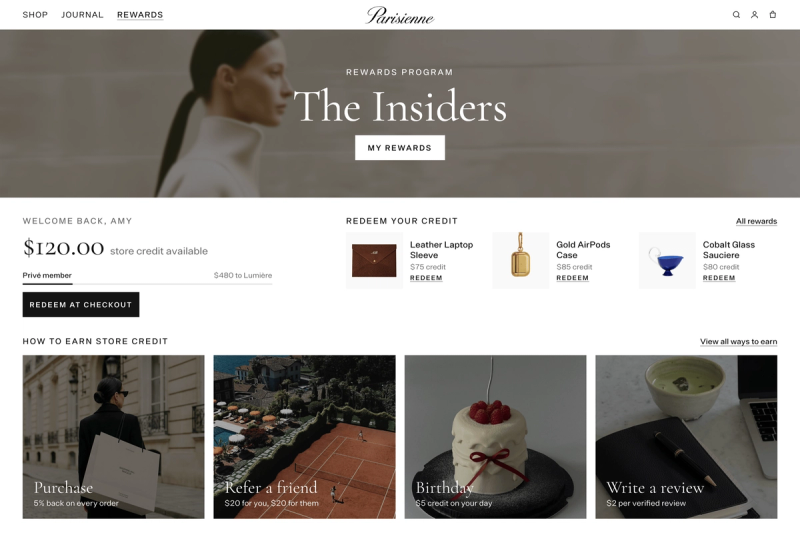 Rewards page with $120 store credit, Privé member progress bar, product rewards priced in credit, and four ways to earn