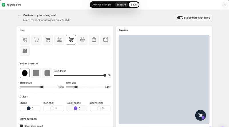 Kaching sticky cart settings with a choice of cart icons, shape and size controls, colours and an item count option, beside a preview of the floating cart button