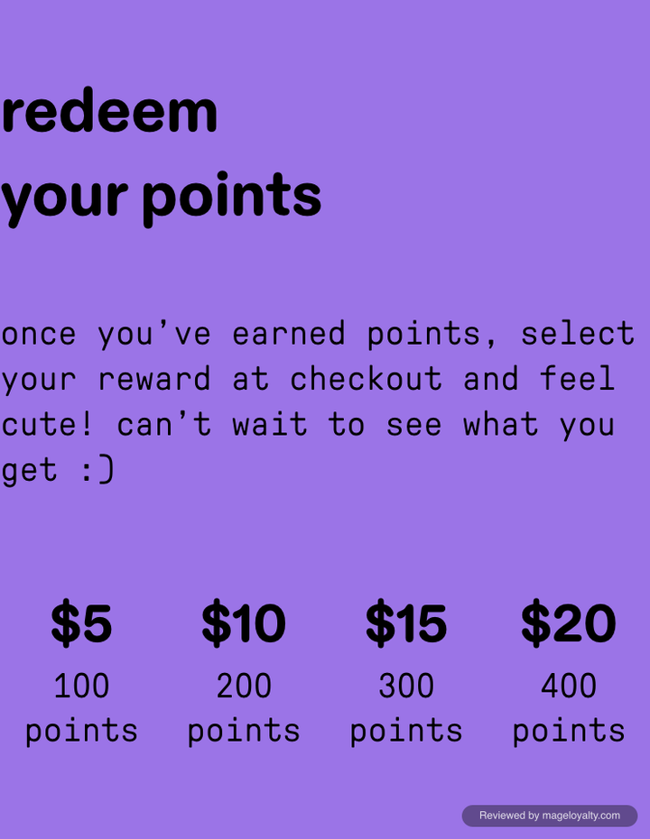 Starface rewards page Redeem Your Points card showing $5 for 100 points, $10 for 200, $15 for 300 and $20 for 400