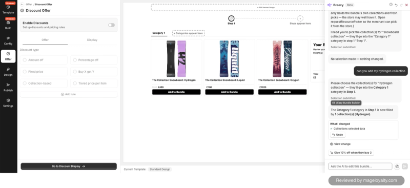 Easy Bundles discount offer types beside the bundle preview, with the Breezy AI assistant asking the merchant to choose a collection after being asked to add one