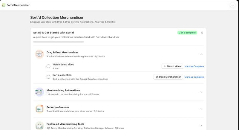 Sort'd setup guide with eight tasks across the drag and drop merchandiser, merchandising automations, preferences and its other tools