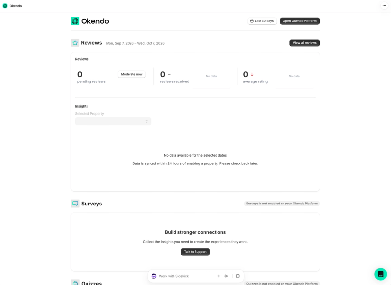 Okendo dashboard inside the Shopify admin showing review stats and an Open Okendo Platform button