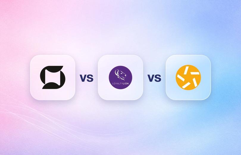 Mage, LoyaltyLion and Stamped logos on frosted glass tiles comparing the Shopify loyalty apps