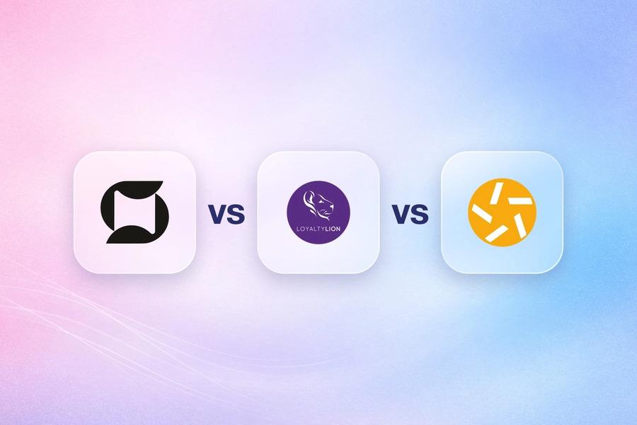 Mage, LoyaltyLion and Stamped logos on frosted glass tiles comparing the Shopify loyalty apps