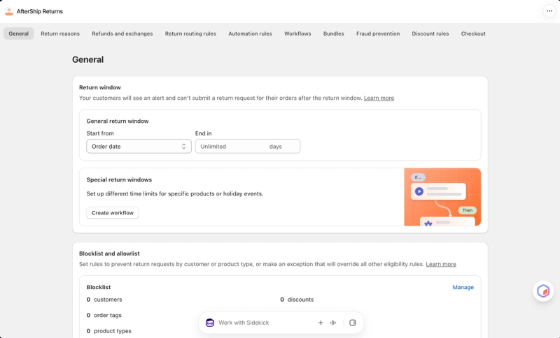 AfterShip's return policy settings with tabs for return reasons, refunds and exchanges, routing and automation rules, workflows, fraud prevention and more